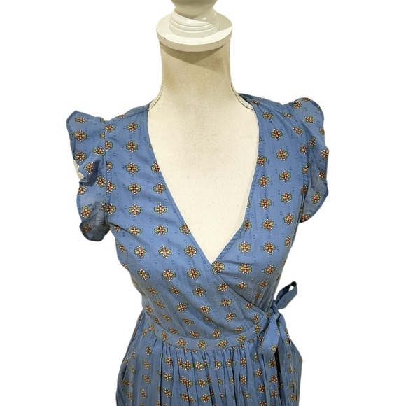 & Other Stories Blue orange floral Midi wrap cotton Dress flutter sleeve size 0 - Picture 7 of 16